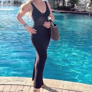 Torn by Ronny Kobo Madi Open-Back Knit Crochet Maxi Dress Black Size M